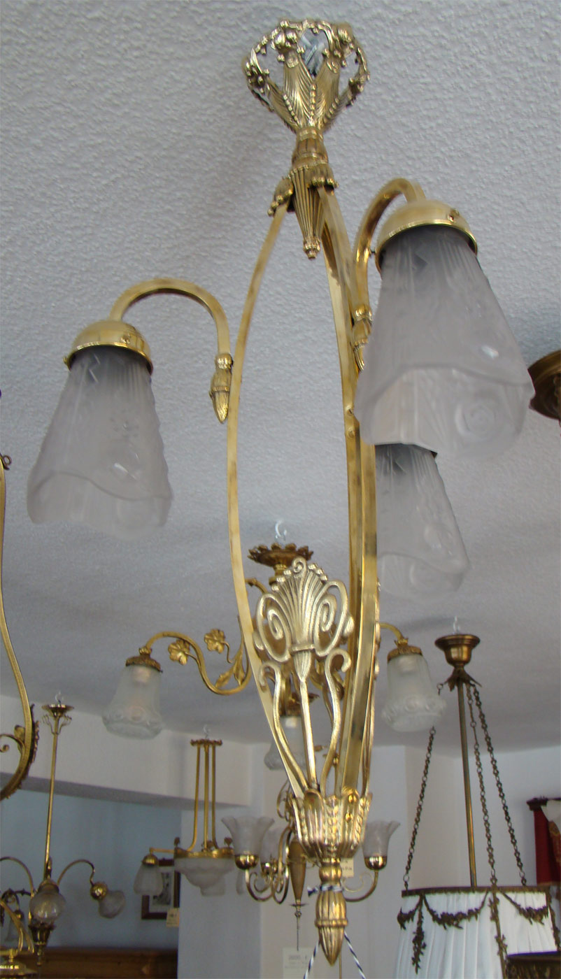 antike ArtDeco Deckenlampe Messing mit 3 Glasschirmen