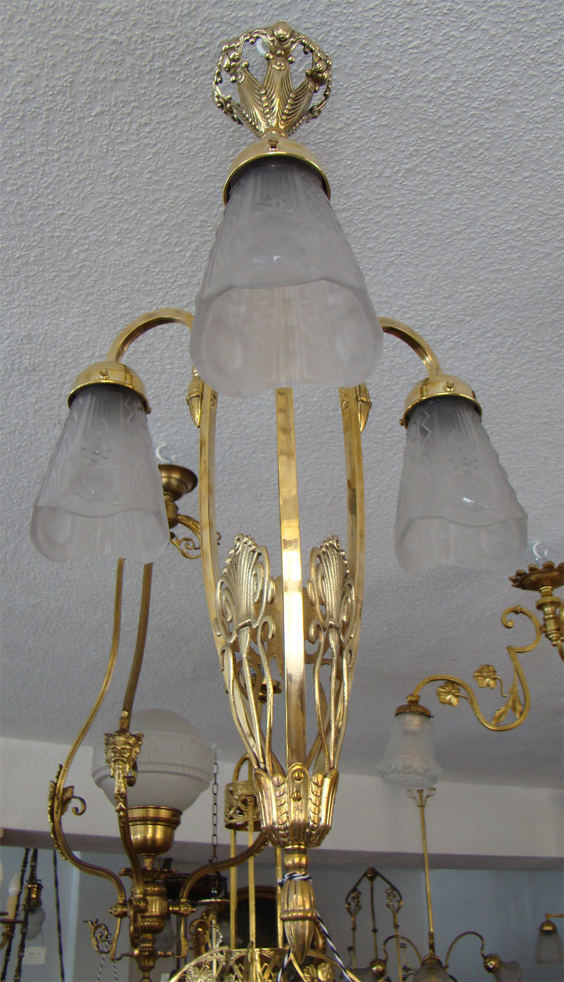 antike ArtDeco Deckenlampe Messing mit 3 Glasschirmen