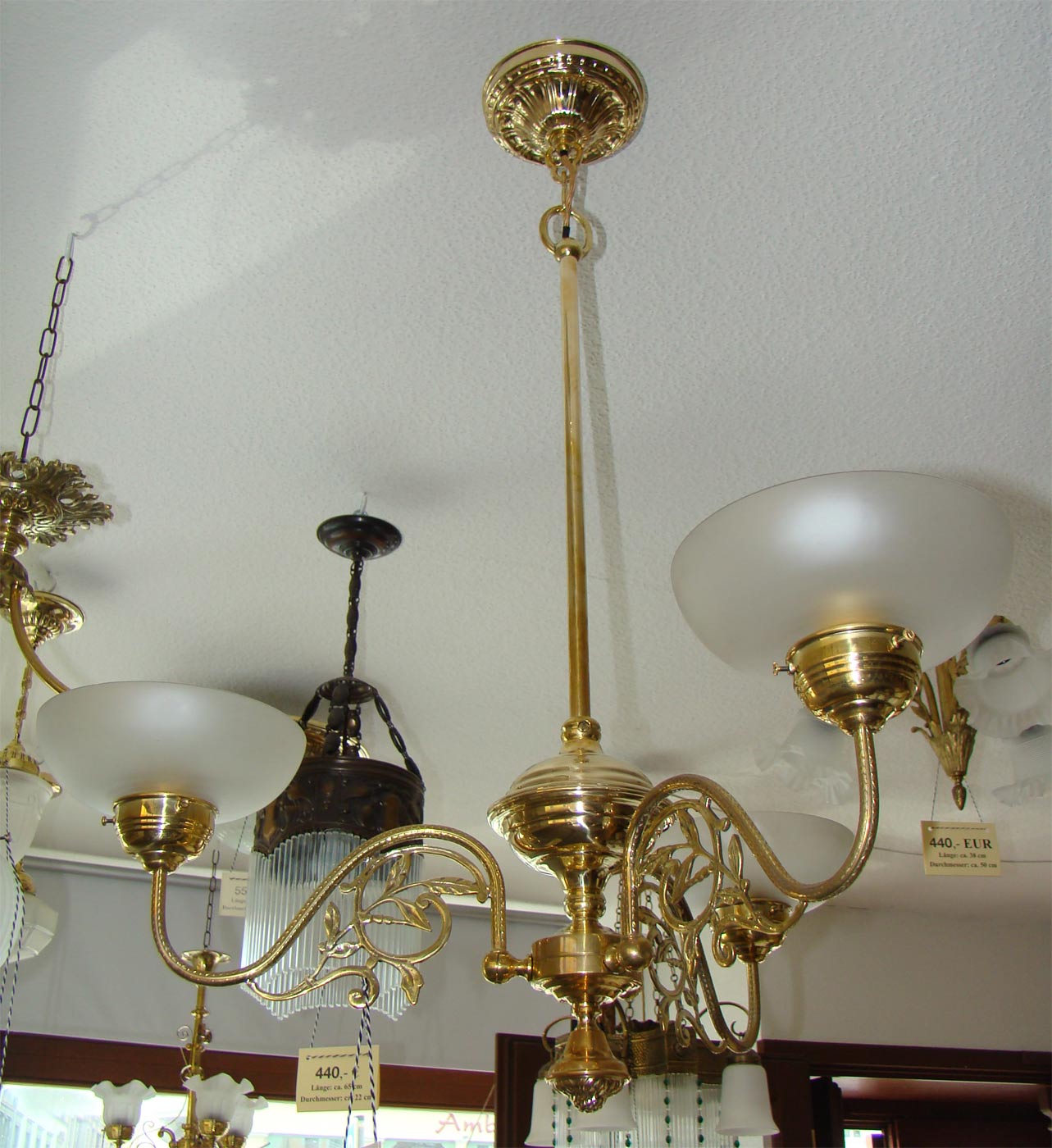 antike Jugendstil Deckenlampe Messing mit 3 Glasschalen