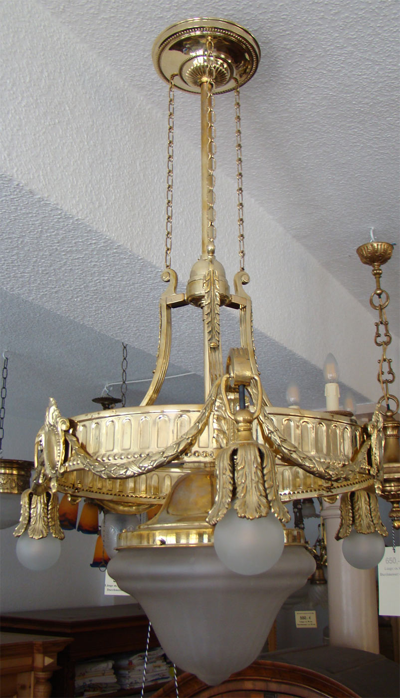 antike Jugendstil Deckenlampe Messing mit 4 Birnen